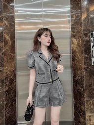 Sét bộ đùi thời trang nữ mặc đi chơi chất bố dạ vải shop cổ vest phối viền đen tay ngắn mix quần đùi