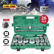 26PCS Heavy Duty 21MM-65MM Socket Tool Box 3/4" 1" Drive 6 Point CR-V Chrome Metric Impact Socket Wr