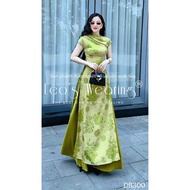 LEOSWEARING Brocade silk ao dai with cross collar, short sleeves mixed with avocado green silk skirt