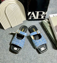 Sandal Zara Flat Bentuk Kotak Rajut Tweet Sandal Wanita Kekinian Kode SM10