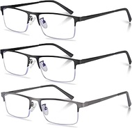 Anourney 3-Pack Reading Glasses for Men, Lightweight Metal Half Frame Blue Light Blocking Computer Readers, Stylish Filter UV Ray/Computer Glare with Spring Hinge Eyeglasses(2PCS Black+1PCS Gray,+3.0)