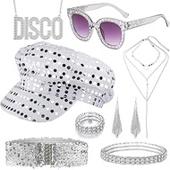 Pack of 8 70s Disco Accessories, 70s Costume Accessories with Sequins Hat Sunglasses Earrings Bracel