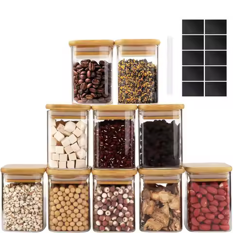 9oz Glass Jars with Airtight Bamboo Lids - Clear Glass Pantry Storage Containers Small Square Canist