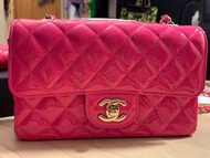 Chanel neon pink patent leather cross body bag rectangle mini classic flap