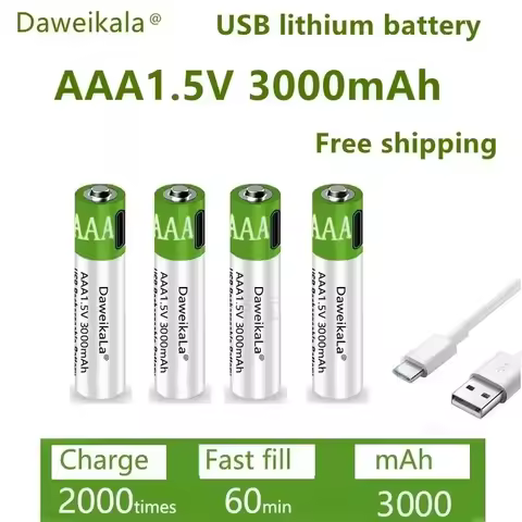 1.5V AAA 3000mAh Lithium-Ion Battery-USB Fast Rechargeable Battery for Toys/Keyboard/Mouse High Capa