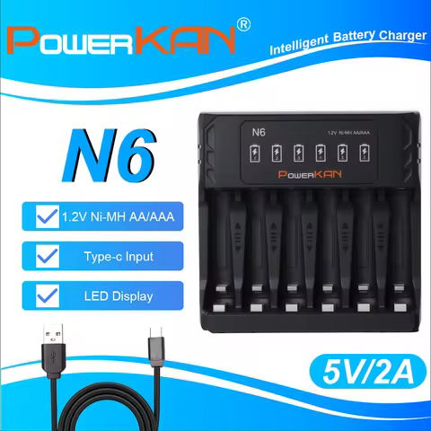 POWERKAN N6 6-Slot Battery Charger for 1.2V Ni-MH AA AAA Rechargeable Batteries USB-C 5V 2A LED Indi