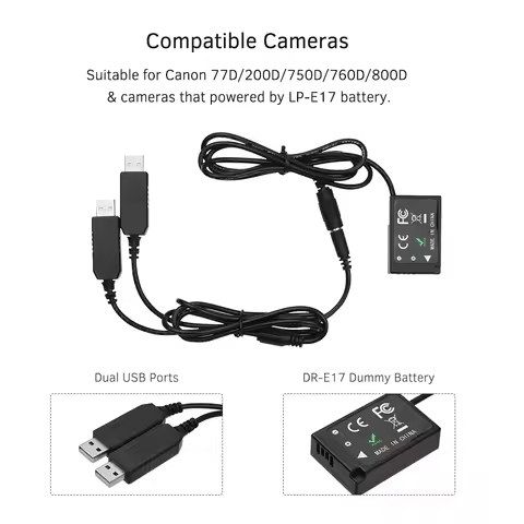 Dual USB Power Adpater DC Coupler Replacement DR-E17 Dummy Battery Pack Replacement for Canon 77D 20