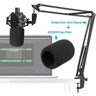 AT2020 Mic Stand with Pop Filter - Microphone Boom Arm Stand and Foam Windscreen Compatible with Aud