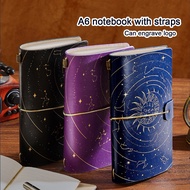 (Can Engrave Logo) A6 Leather Travel Diary, Journal, With Strap Design, Space Pattern Notebook, Stud