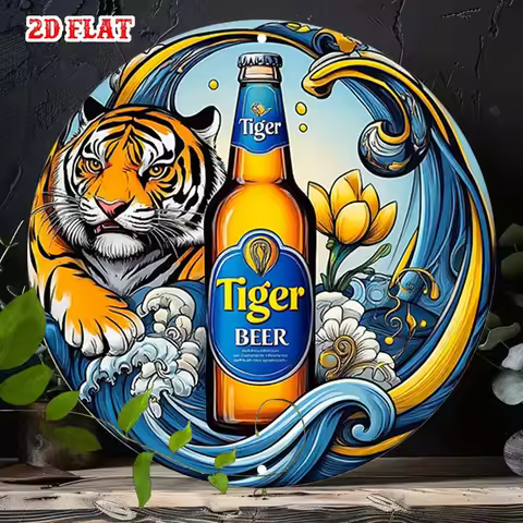 2D Flat, 1pc Tiger Beer-Inspired Asian Aesthetic Round Aluminum Sign - 19.99x19.99 cm Rustic Metal W