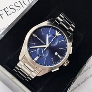 EMPORIO ARMANI 藍面 銀色鋼帶 雙眼計時 男錶 AR11541