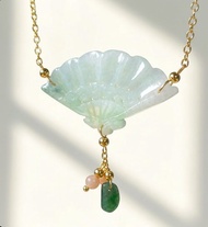 果綠翡翠扇子設計款鎖骨鍊 14K包金 | 天然緬甸玉A貨翡翠 | 送禮