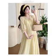Long yellow silk chiffon maternity dress with elegant, gentle puff sleeve design by Korean Maternity
