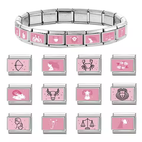 New Pink Printing 12 Zodiac Signs Series Italian Charm Link Fit 9mm Stainless Steel Bracelet DIY Mak