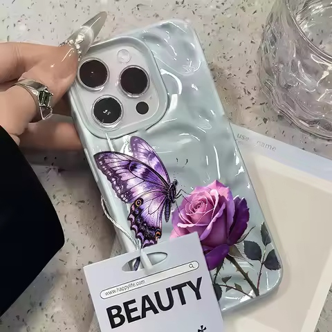 Purple Butterfly and Rose Phone Case for iPhone 18 Pro/18 Pro Max, 17/17 Air/17 Pro/17 Pro Max, 16/1