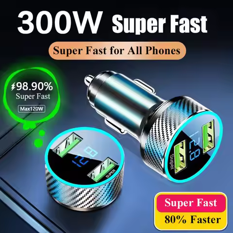 300W USB Car Charger Adapter 2 in 1 Super Fast Charging with Voltage Monitor for Samsung OPPO VIVO H