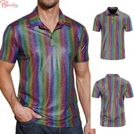 Men 70s Disco Costume Sequin Shirt Short Sleeve Button Down T Shirts Party Top