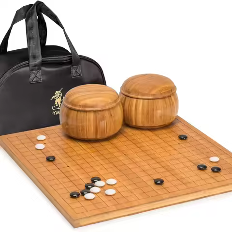 Bamboo Etched Reversible 19x19/13x13 Go Game Board (0.8 inches) with Bi-convex Melamine Stone and Ba