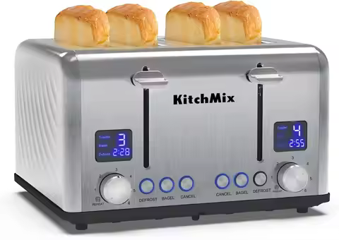 Toaster 4 Slice, Bagel Stainless Toaster with LCD Timer, Extra Wide Slots, Dual Screen, Removal Crum