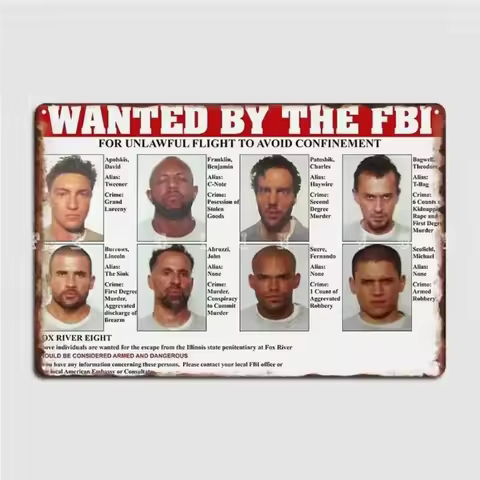 Vintage FBI Wanted Metal Tin Sign – Prison Break Theme Wall Decor for Bar & Man Cave