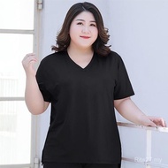300斤夏季大码V领短袖女装胖mmT恤加肥加大宽松纯色百搭大码上衣Fat pulssize oversize T-shirts