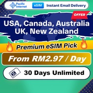 Pacific Internet eSIM USA, Canada, United Kingdom, Australia, New Zealand 30 Days 10-20GB + Unlimite