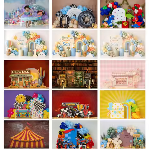 Baby Kids 1St Birthday Backdrop Rainbow Balloon Circus Car Castle Candy Shop Nice Portrait Photograp