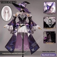 Herta วิกชุดคอสเพลย์ผู้หญิงเกมรถไฟ Honkai Star เดรสยูนิฟอร์มหมวก Topi Sulap อุปกรณ์เสริมโลหะฮาโลวีนป