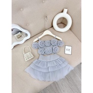 L52 Set bộ bé gái Set áo tơ 2 dây hoa nổi chạy nhún kèm chân váy ren tầng cho bé gái