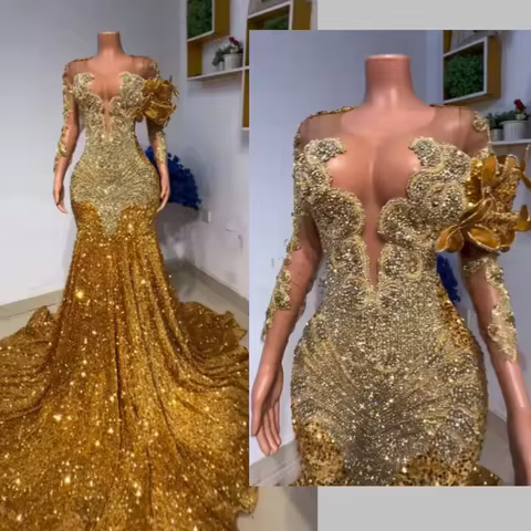 Luxury Shiny Gold Crystal Beaded Mermaid Evening Dresses See Thru Full Sleeves Long Formal Party Dre