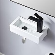 Friho White Wall Mount Sink，Wallmounted Sinks,Small Sinks for Tiny Bathrooms，Porcelain Ceramic Bathroom Vessel Sink，Rectangle Corner Floating Sink for Bathroom Vanity, BL8315