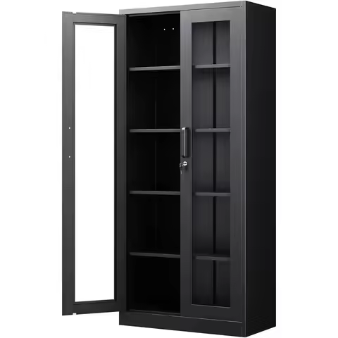 Display Cabinet with Glass Do, 71 Inches Metal Display Case with 4 Adjustable Shelves, Curio Storage
