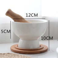 MEYA HOME Ceramic Mortar and Pestle Set with Non-Slip Detachable Wood Base, Wooden Coasters, Non Por