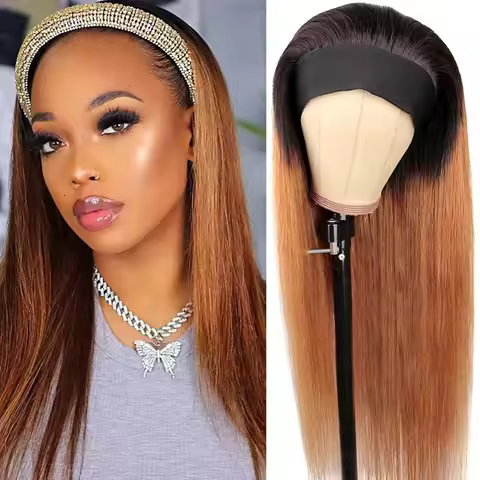 Straight Ombre Headband Wig 100% Human Hair Wig for Women 1B 30 Ombre Ginger Brown Machine Made Full