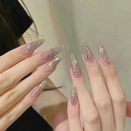 30Pcs 3D Pink Fake With Dia Halloween Long Al False Nail Butterfly Design Wearable Oval Press on Nai