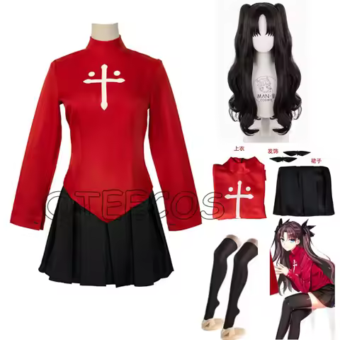 Fate Stay Night Tohsaka Rin Cosplay Costume Anime Game Red Shirt Skirt Hairpins Halloween Party Outf