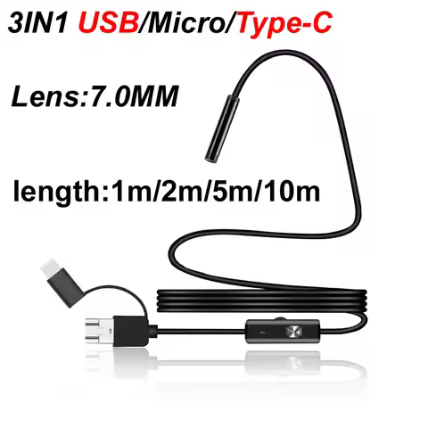 3IN1 USB/Micro/Type-C Lens 7mm Android Industrial Endoscope Camera IP67 Waterproof 6LEDs Adjustable 