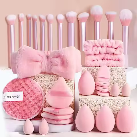Makeup Brushes and Sponges Set, Pink Makeup Puff, Beauty Egg, Headband, Wristband Remover Kit, Makeu