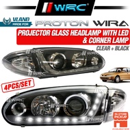 Vland Proton Wira Projector Glass Headlamp With Led + Corner Lamp ( Clear + Black )