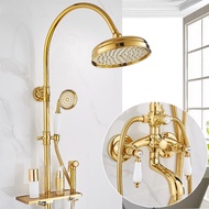 French Retro Full Copper Gold Shower Set Bathroom Shower Head Exposed Installation Pressure-Boosting