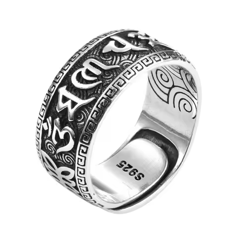 925 Silver Ring Male Finger Accessories Personality Retro Buddhist Scripture Mantra Om Mani Padme Hu