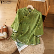 Zanzea Phụ Nữ tay lửng thanh lịch áo hoa Đứng Nút Cổ Bohemian Retro Áo Sơ Mi #0901