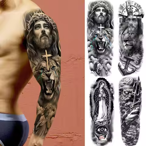 1 Sheet Super Long Large Full Arm Jesus Temporary Tattoos For Men Women Zeus Gods Tatoos Waterproof 