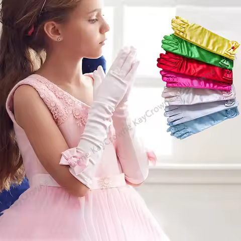 29cm Children Long Gloves Princess Dance Performance Stage Party Wedding Glove Satin Bow Full Finger