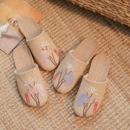 Linen Slippers Women Cotton Linen Thick-Soled Embroidered Slippers