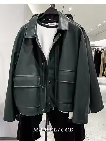 MAMELICCE Original design Loose faux leather Loose Covered pocket embellished leather-effect PU jack