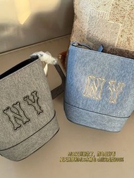 全新MLB休閒復古牛仔水桶包 字母繡花手提單肩女包 香港直送潮流水桶包 MLB bag ny bag