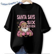Graphic Funny 67 Meme Christmas T-Shirt for Men & Women - Pink Santa with Six Seven Number Joke, 100