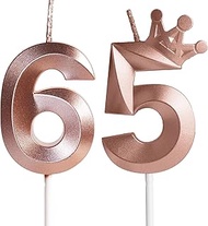 Yiran Rose Gold 65th Birthday Candles with Crown Decor, 3D Number 65 Candle, 65th Birthday Candle fo