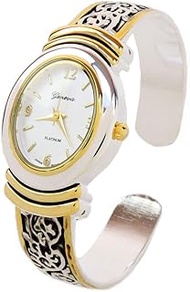 2Tone Western Style Decorated Oval Face Women's Bangle Cuff Watch